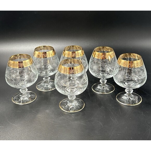 Vtg Etched Glasses Brandy Snifter with Twisted Stem Pedestals with Gold Trim 6 - Picture 1 of 12